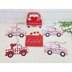Valentines Day‎ Ornaments Red Hearts Truck Love Tabletop Sign Red Pink 6 Pc NEW